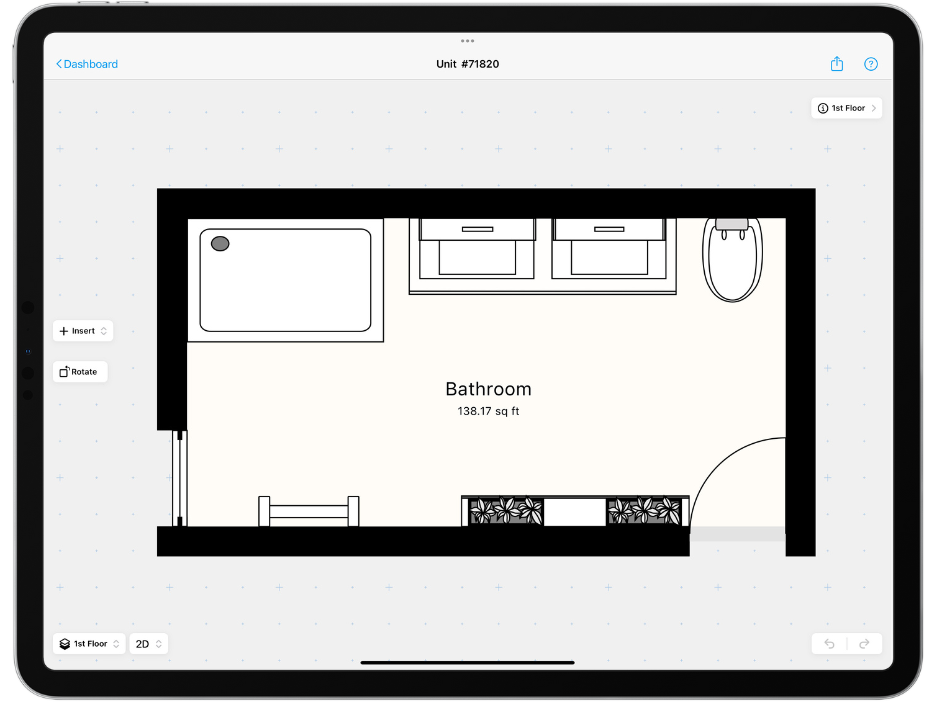 bathroom floor plan on an ipad with the magicplan app