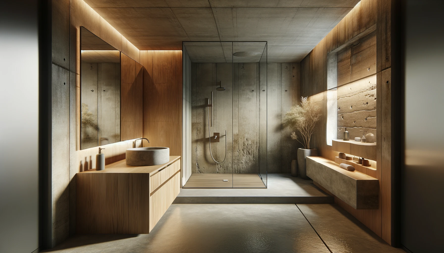 bathroom that blends natural features such as tinted-plaster walls, stained-wood vanities, and concrete and stone elements with contemporary touches