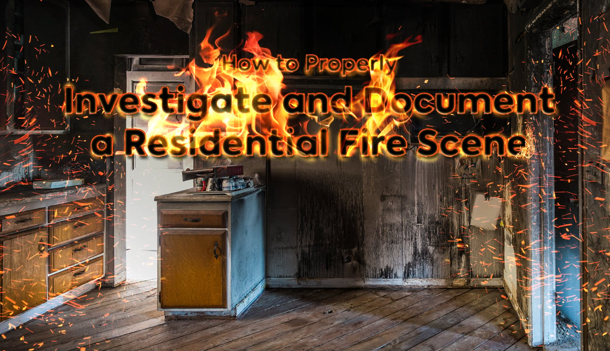 Wood house with sparks of fire in the kitchen room that is being properly investigated and documented by and fire scene investigator