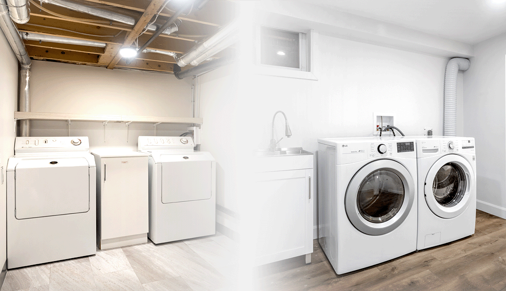 before and after of laundry in the basement