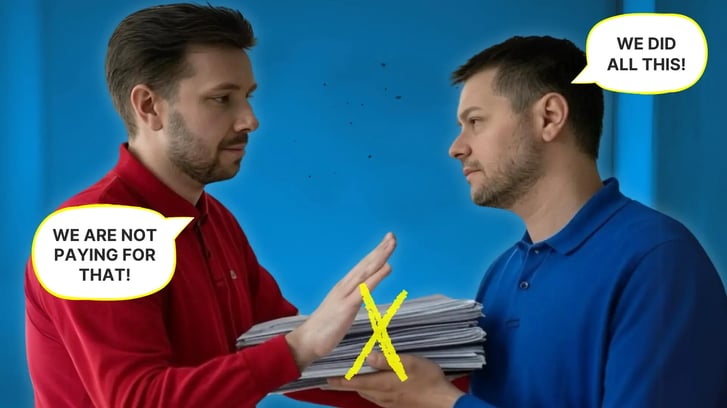 An insurance claims adjuster dressed in red is refusing to pay a restoration contractor dressed in blue, who is presenting all the documentation for a completed water damage mitigation job.