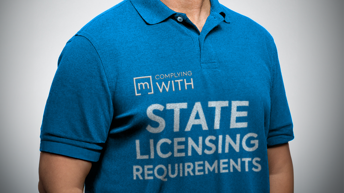 Text: Complying with State Licensing Requirements (A person wearing a blue dress shirt with the written text)