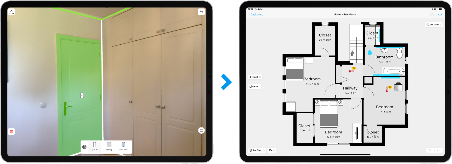 Using computer vision on an Ipad capturing a room from a claim inspection with AI magicplan AR scanning feature and a second ipad with the final result of the floor plan from the claim