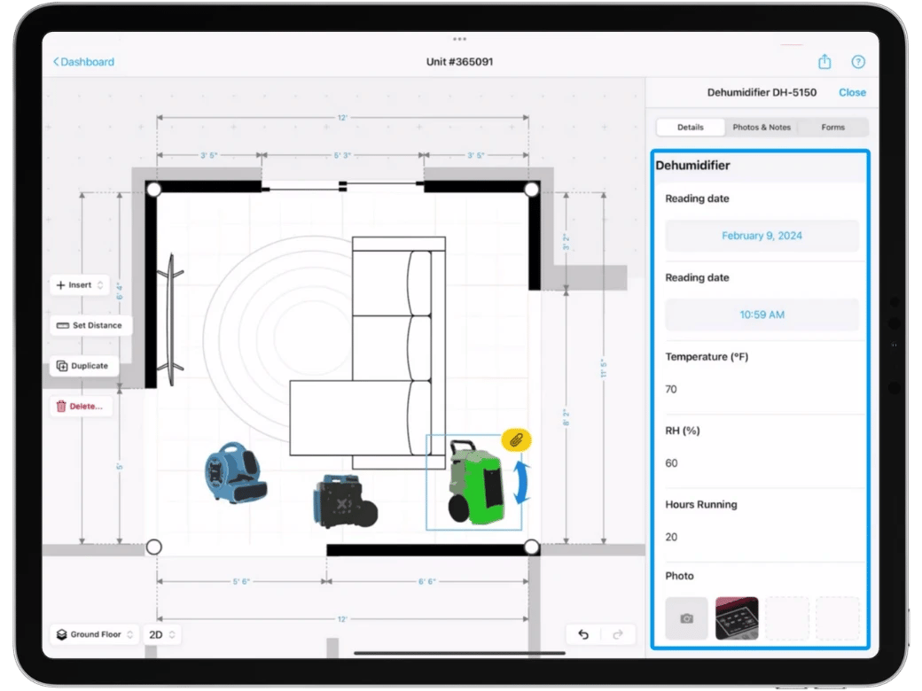 Green dehumidifier equipment reading date and time, temperature, relative humidity (RH%), Hours running and photo of the equipmen using custom attributes on the magicplan app on an ipad