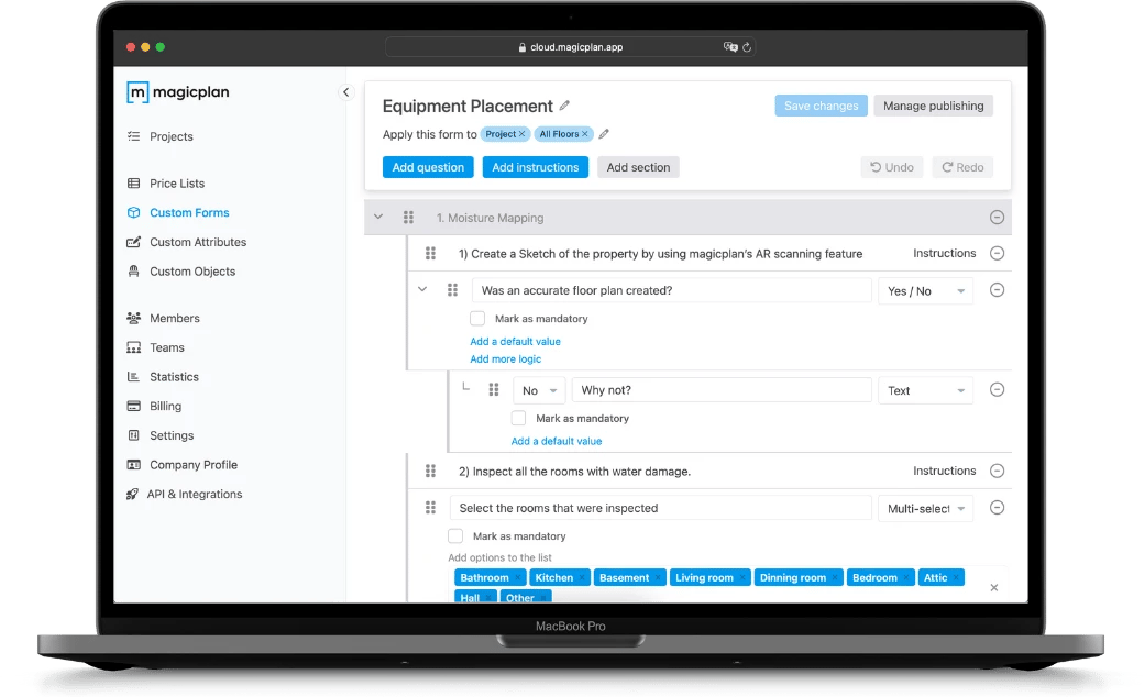 Drying equipment tracking tasks standard operating procedure using magicplan's custom form on the Cloud on a macbook pro laptop