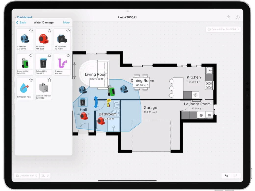 Restoration drying equipment objects on the magicplan app on an Ipad using the Custom Object Manager for dehumidifiers, air mover, air scrubbers and more.