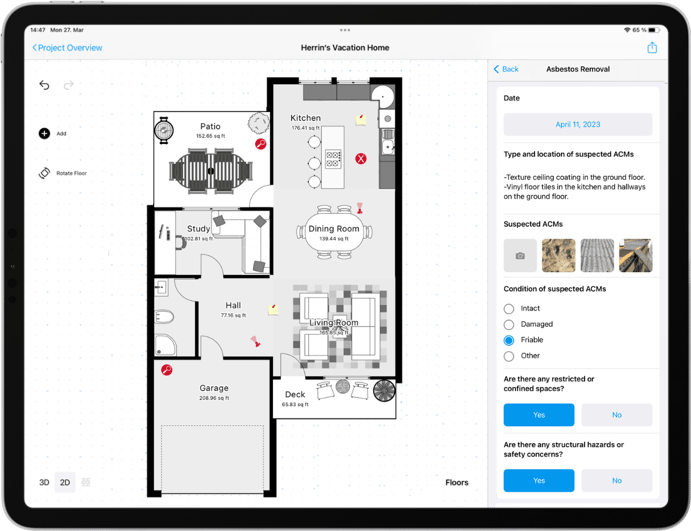 magicplan floor plan with notes and annotations about asbestos removal plan