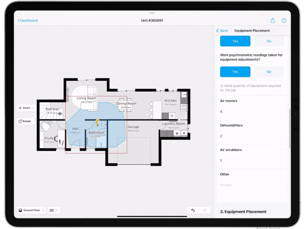 Mapping out the drying chamber of a water damage restoration job on the magicplan app on an ipad with a floor plan and calculating the drying equipment based on IICRC S500 initial set up calculations for dehumidifiers, air movers, air scrubbers and more.