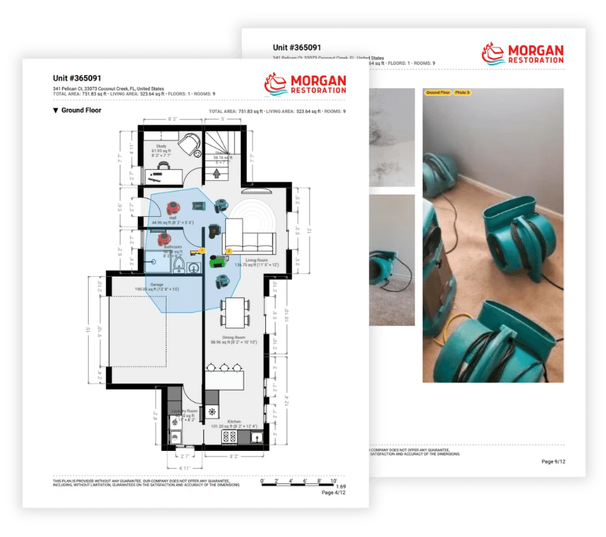 Water damage restoration job drying report to document equipment placement, moisture reading logs progress, photos of dehumidifiers, air movers and magicplan floor plan of the property in PDF format.