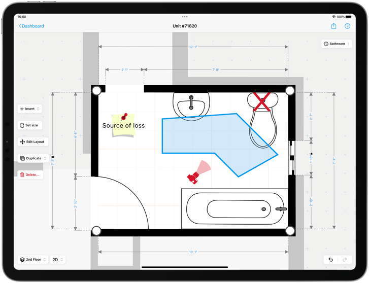 2D floor plan magicplan floor plan in an ipad  for restoration work documenting water damage in a room annotating the source of loss