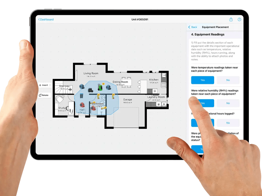 Restoration contractor employee holding ipad filling out water damage drying equipment sop questionnaire checlikst on the magicplan app custom form