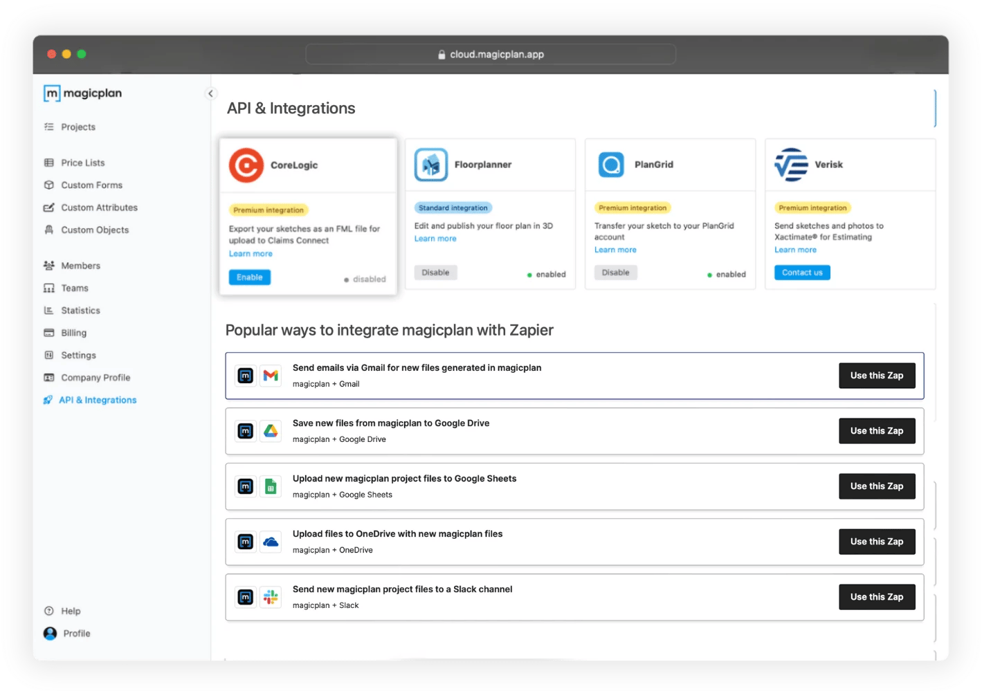 enabled corelogic integration in magicplan cloud on a Safari browser tab with the API & integrations section