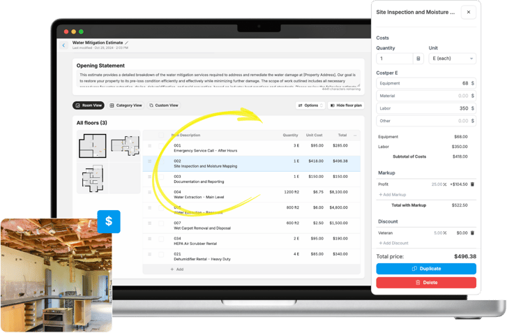 water mitigation estimate software with line items break down, time and materials estimate and overhead and profit of water damage restoration job site.