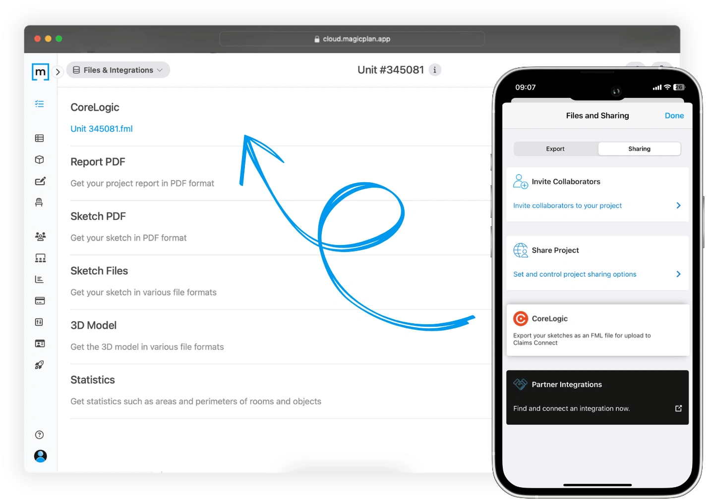 Export of a magicplan sketch xml file for corelogic claims connect from the magicplan app Sharing options on an iphone to the magicplan Cloud on a safari browser under the files section