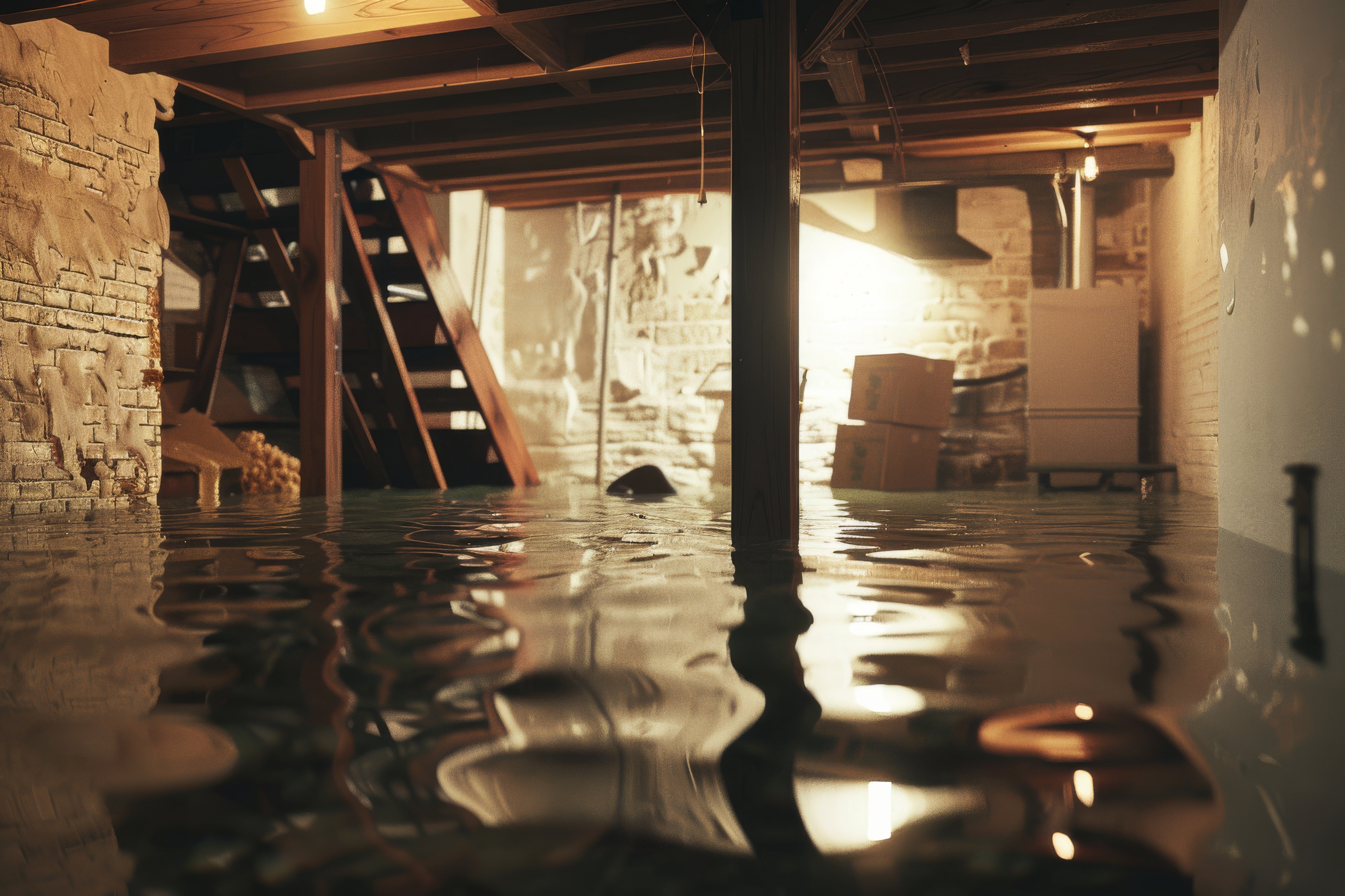 flooded basement with scattered items dim lighting creates atmosphere abandonment disarray