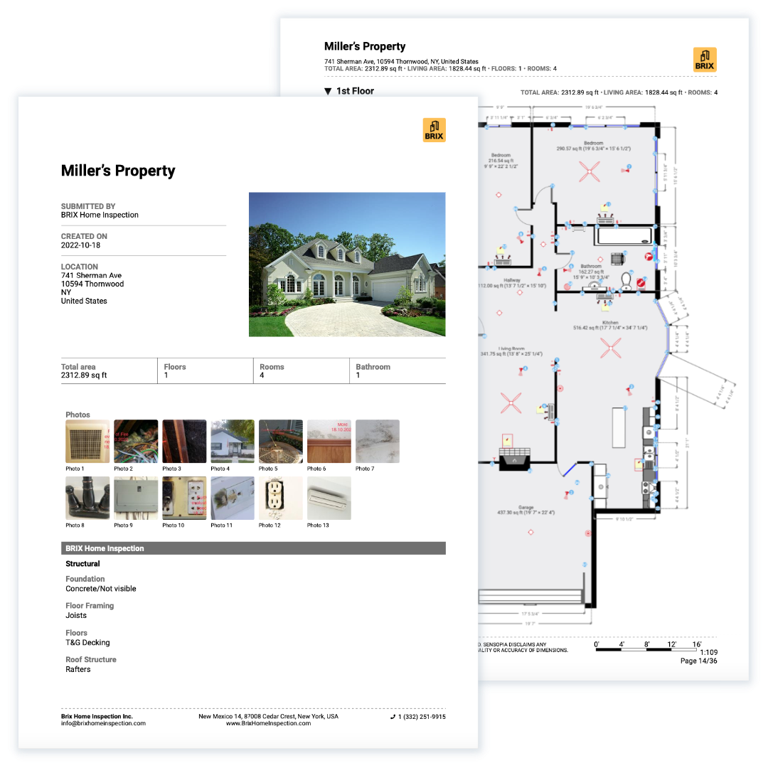 home inspection report of 2 floor residential property with photos of the exteriors and interiors, a floor plan sketch with dimensions and details 