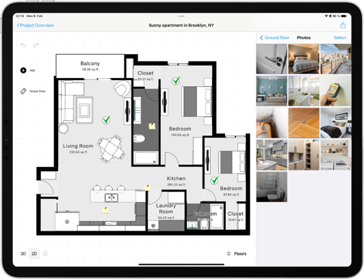 Floor plan of a home inspection of a appartment in Brooklyn, New york in an ipad with annotations and photos and notes using magicplan app