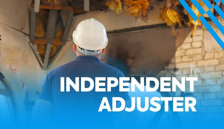 Independent claims adjuster in residential property with damage wearing a white helmet.