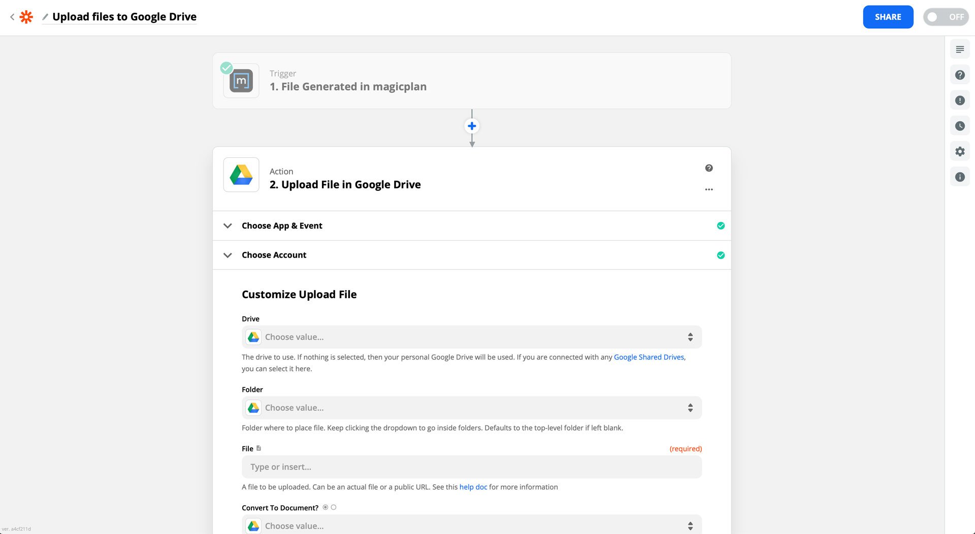 Sending a magicplan floor plan to google drive through Zapier