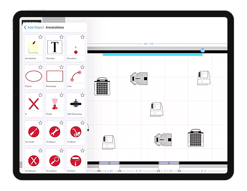 Floor plan of a residential trauma clean up scene for restoration work in an ipad