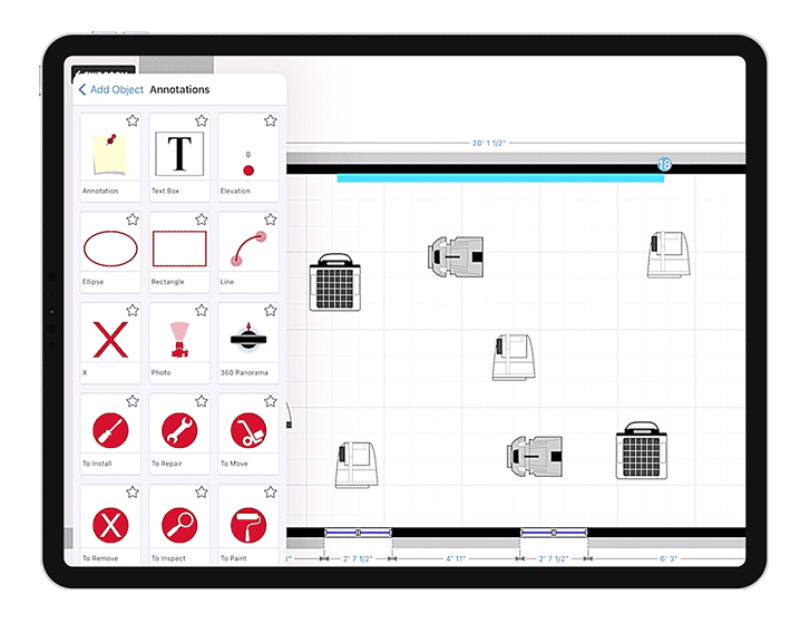 Floor plan of a residential trauma clean up scene for restoration work in an ipad
