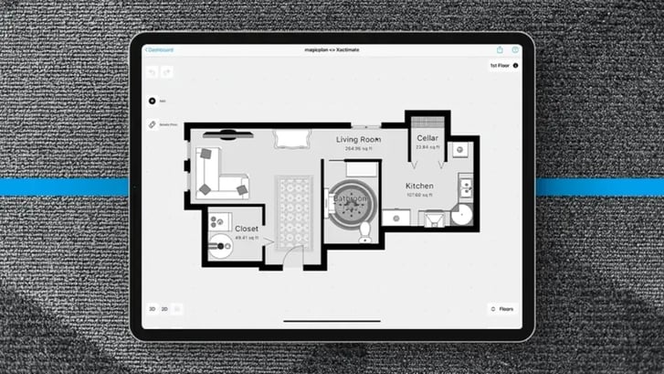 Mitigation drying sketch on ipad on floor with dried carpet after clean up job