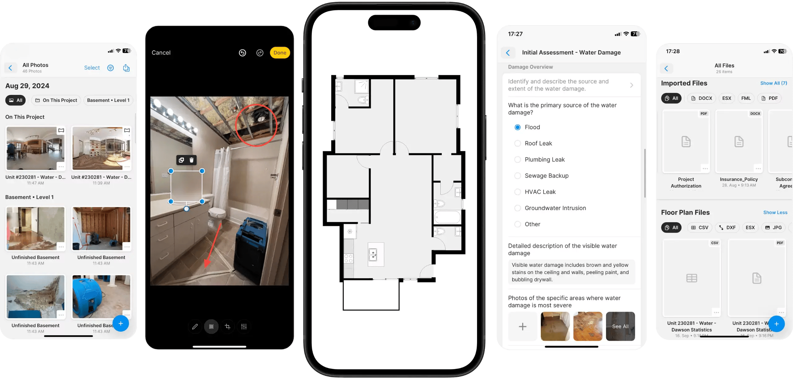 water damage job documentation with sketch, photos and assessment form on iphone screens