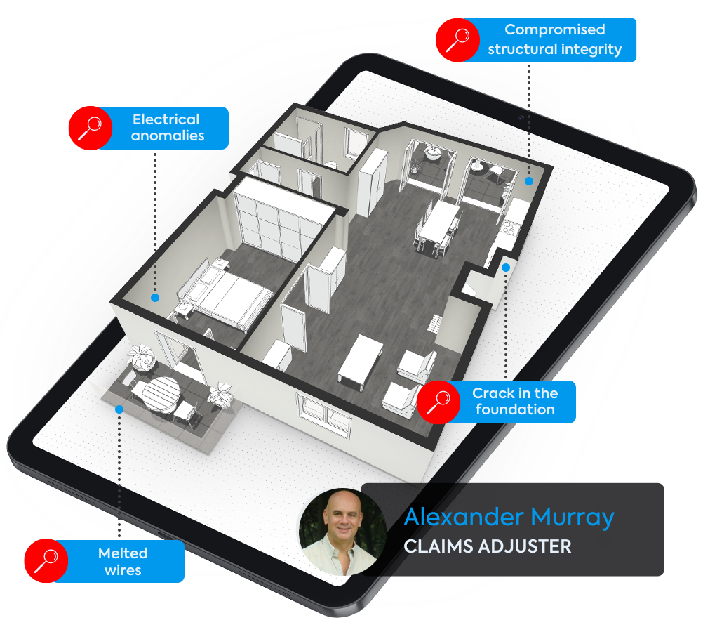 lightning damage claim adjuster assessment and documentation with a magicplan 3D floor plan on an ipad
