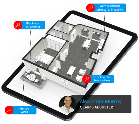 lightning damage claim adjuster assessment and documentation with a magicplan 3D floor plan on an ipad