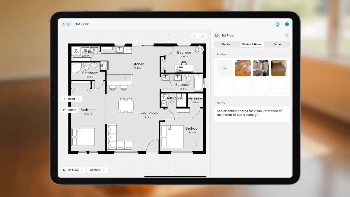 magicplan mockup showing a floor plan with photos and notes
