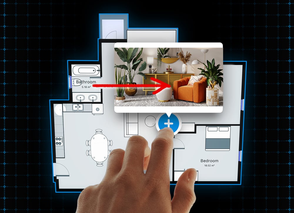 man hand editing a floor plan in a dark backgroundby adding a living room photo