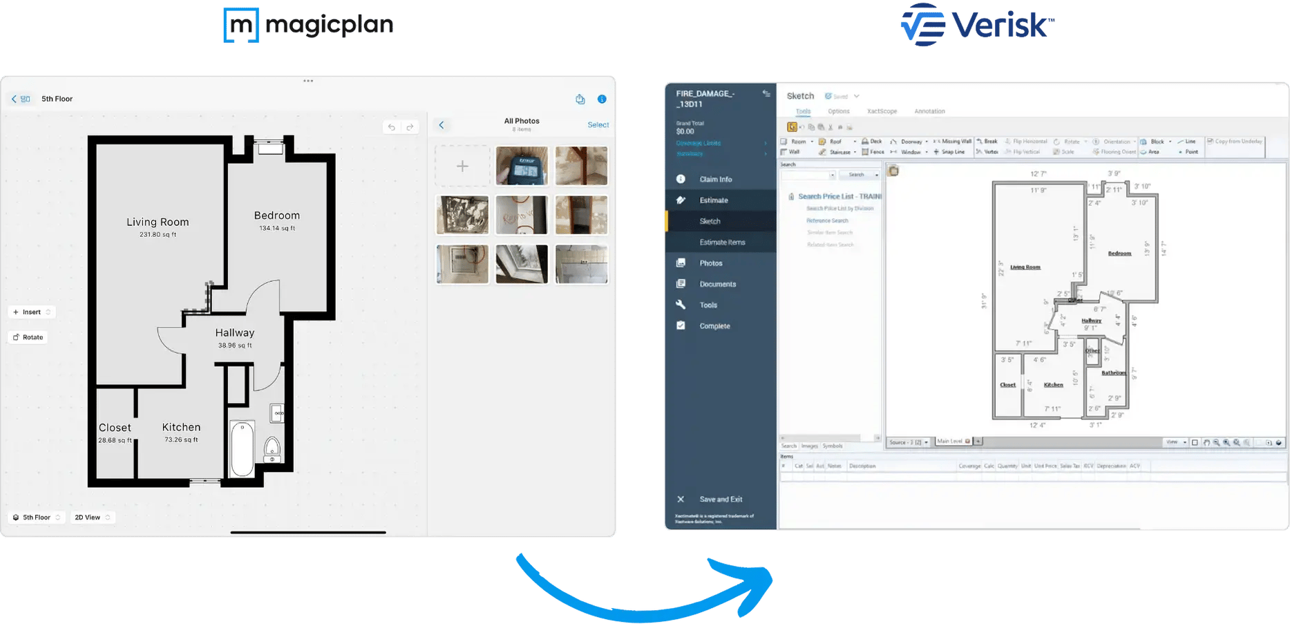 magicplan integration with Verisk Xactimate ESX sketch and photos files with logos.