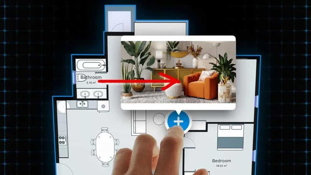 man hand editing a floor plan in a dark backgroundby adding a living room photo