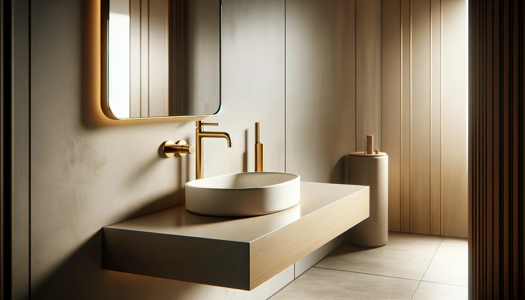 modern bathroom, featuring a simplified and more typical use of warm metallics like unlacquered brass, champagne gold, and brushed bronze