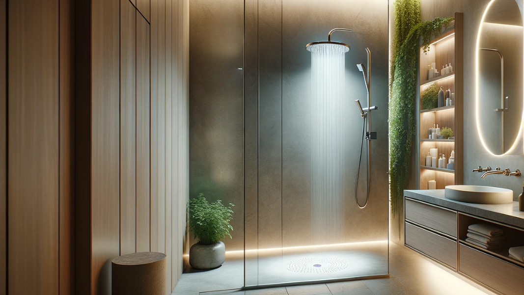 modern, eco-friendly bathroom featuring a single low-flow showerhead with led lights and an plants