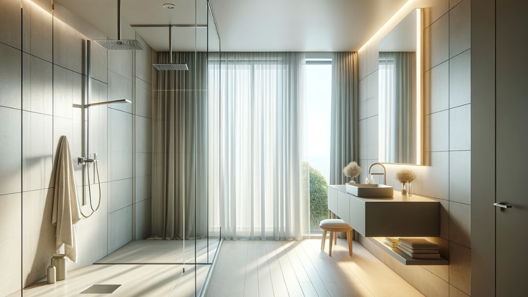 modern, minimalistic bathroom featuring a single walk-in shower, crafted in a bright and streamlined