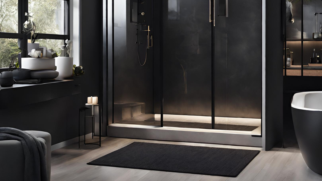 modern, minimalistic bathroom with large windows, layered lighting, maximized accessibility, well-designed storage spaces, and smart technology integration