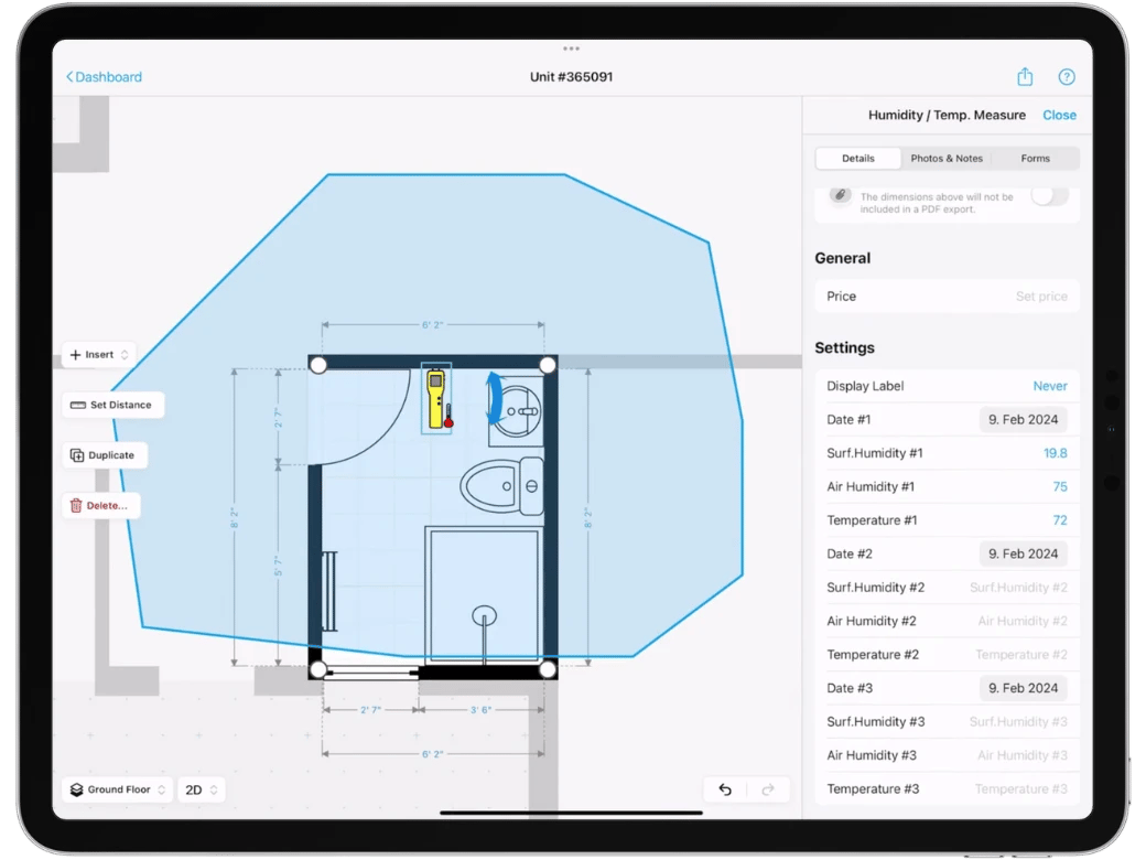 Moisture mapping documentation with yellow moisture meter object on ipad using a magicpla floor plan to input the moisture readings logs such as relative humidity, temperature and more.