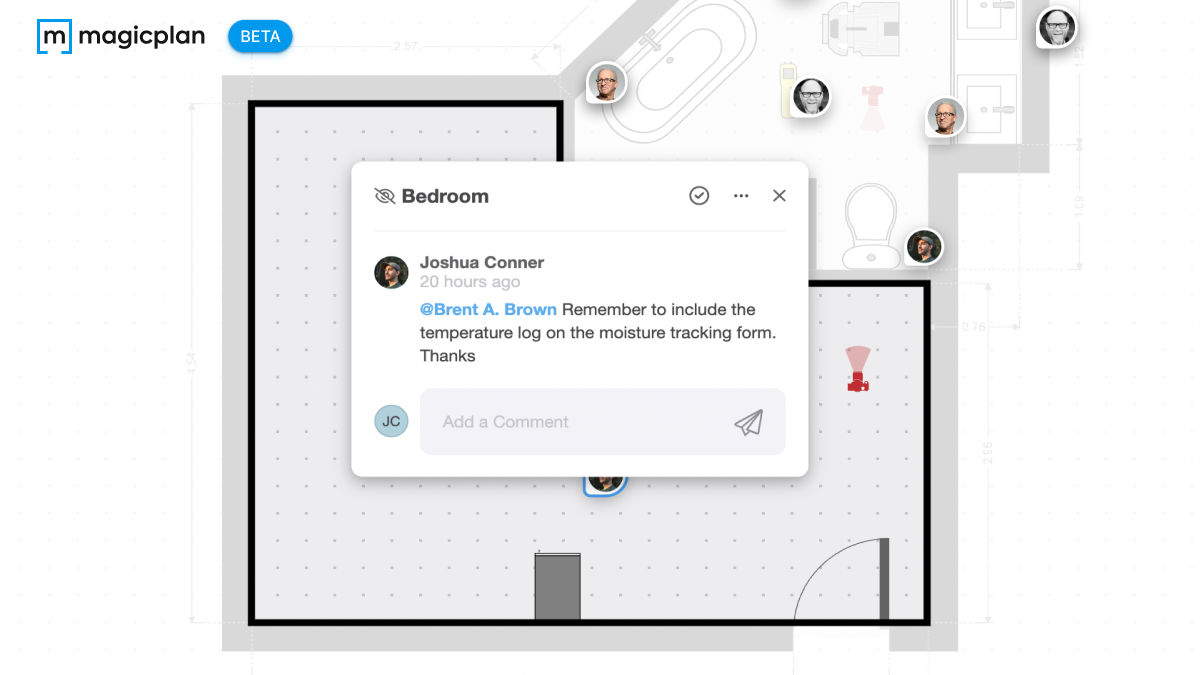 adding a comment on a magicplan floor plan tagging a collegue