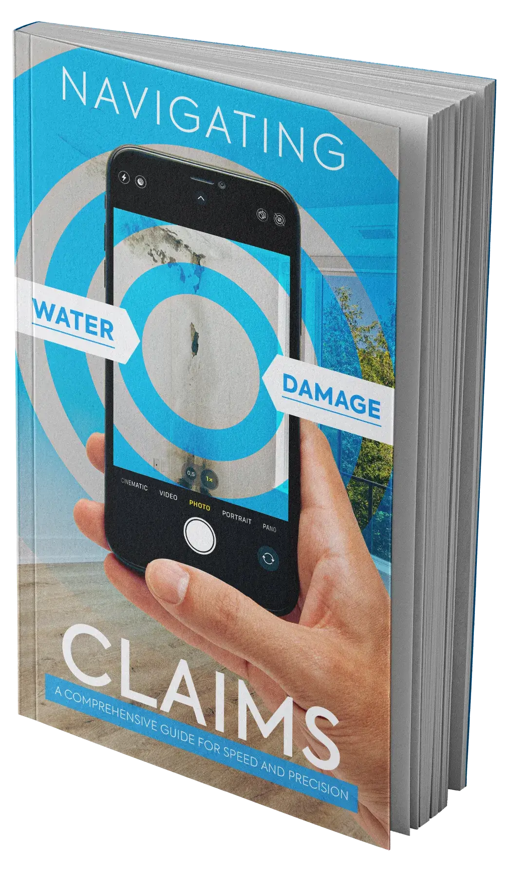 Navigating water damage loss claims ebook cover with claims adjuster hand taking a photo with phone of the damage of mold on white walls.