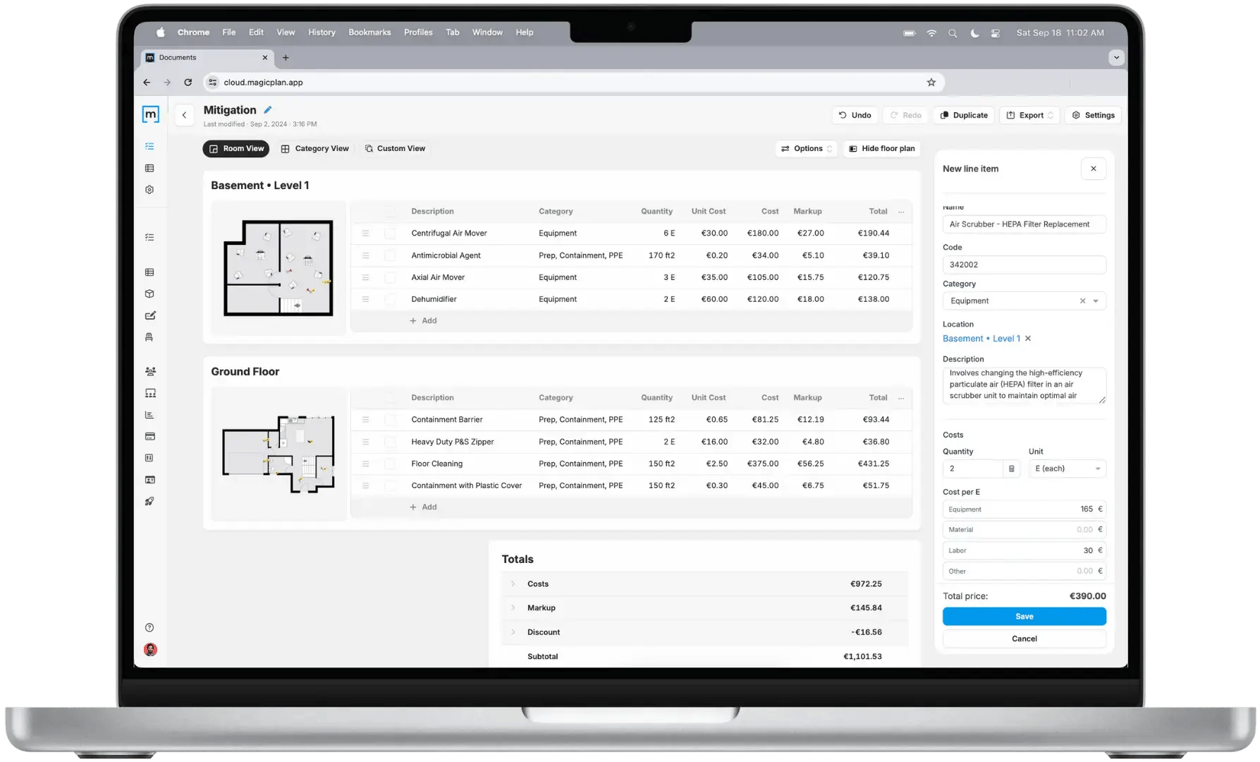 magicplan Built-in Estimator - Mitigation estimate with drying equipment line items