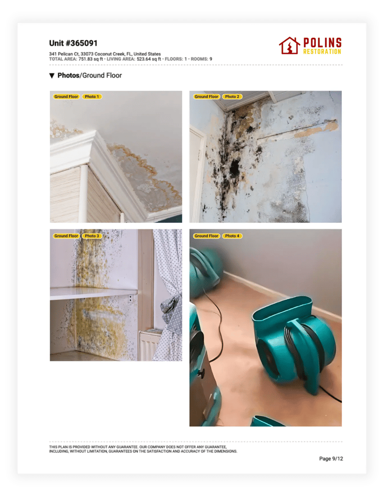 Photo pdf report of mold mitigation job by restoration company with photos of mold on walls, ceiling and cabinets.