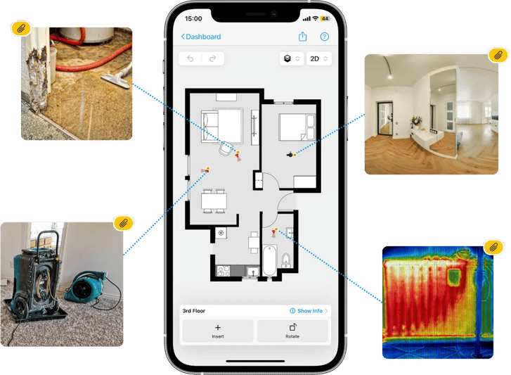 apartment sketch on iphone with photos of water damage site with drying equipment, 360 and thermal images