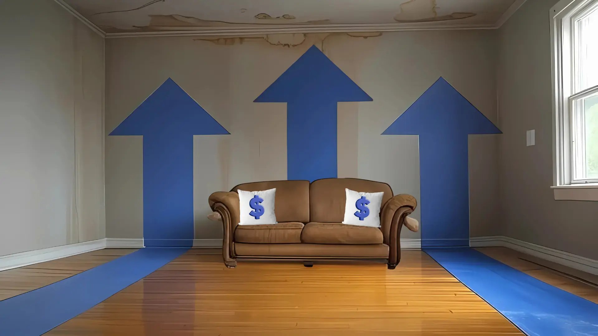 Empty hardwood floor room with damage and blue arrows that represents the “boost your bottom line” for restoration contractors with a pricing strategy. And a brown sofa with white cushions with blue dollar symbols.
