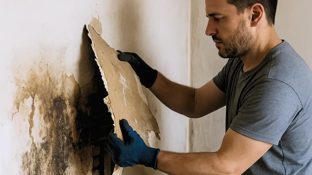 restorer removing water-damaged drywall