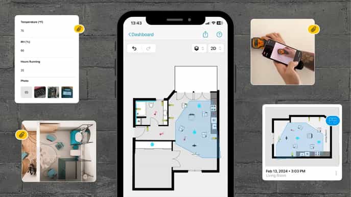 Water mitigation restoration sketch floor plan on iPhone with drying equipment photos and moisture readings.