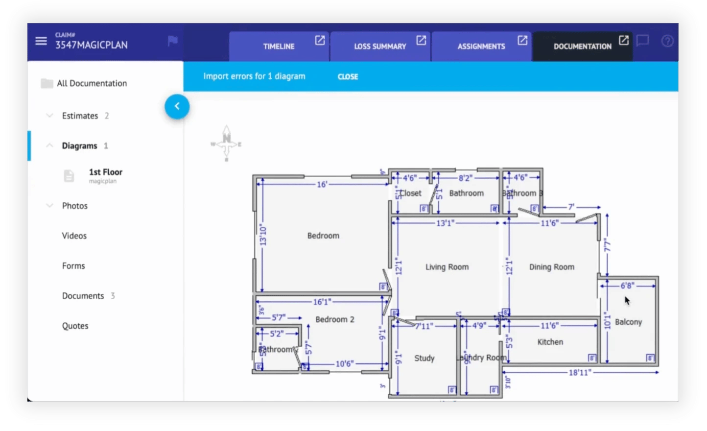 CoreLogic (Simbility) Claim Connect platform with a Diagram Sketch with a floor plan imported from the magicplan app as a XML file.