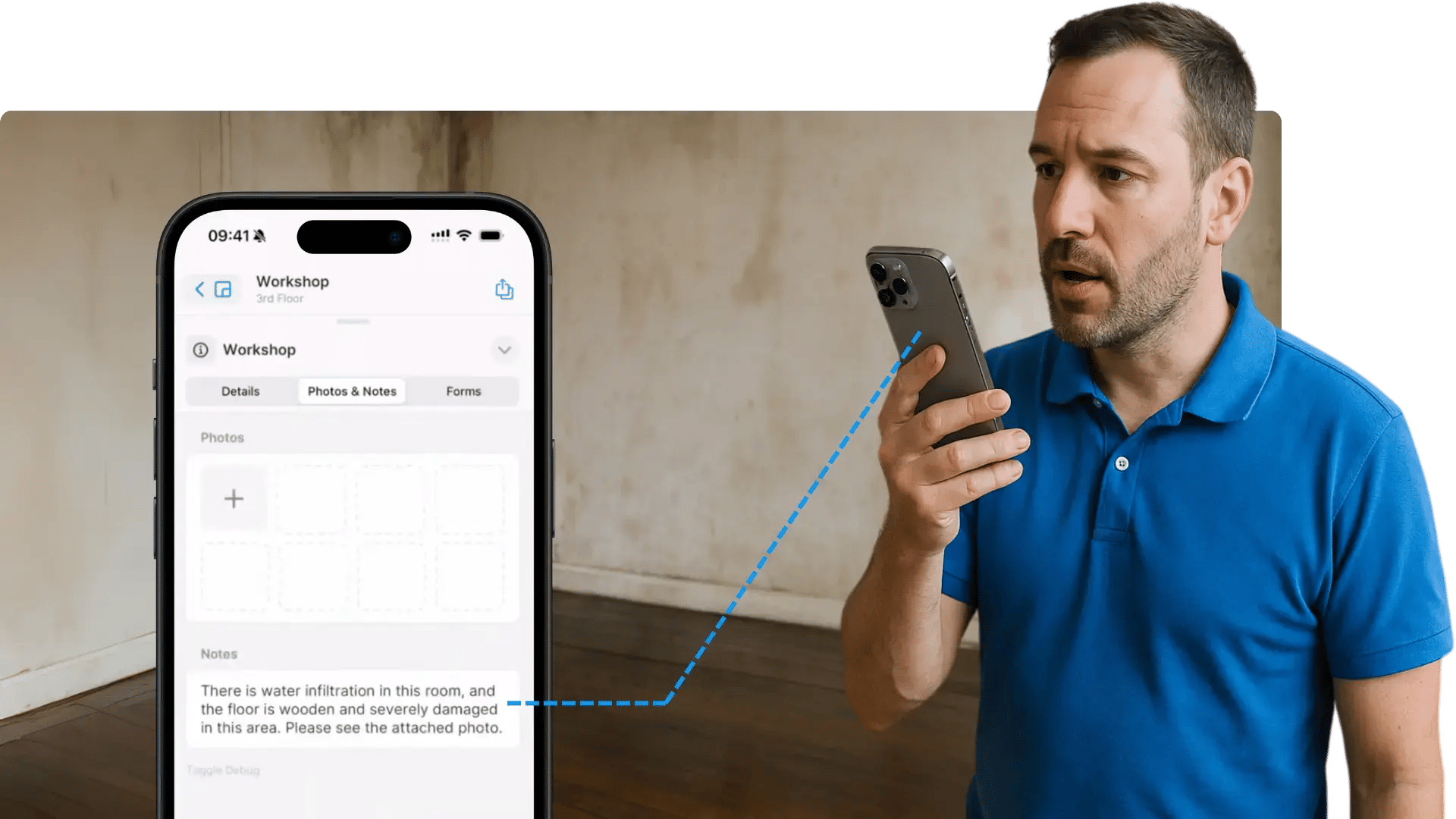 Voice Capture AI magicplan feature used by a restoration contractor with blue polo on a water damage site with his iPhone 16 Pro