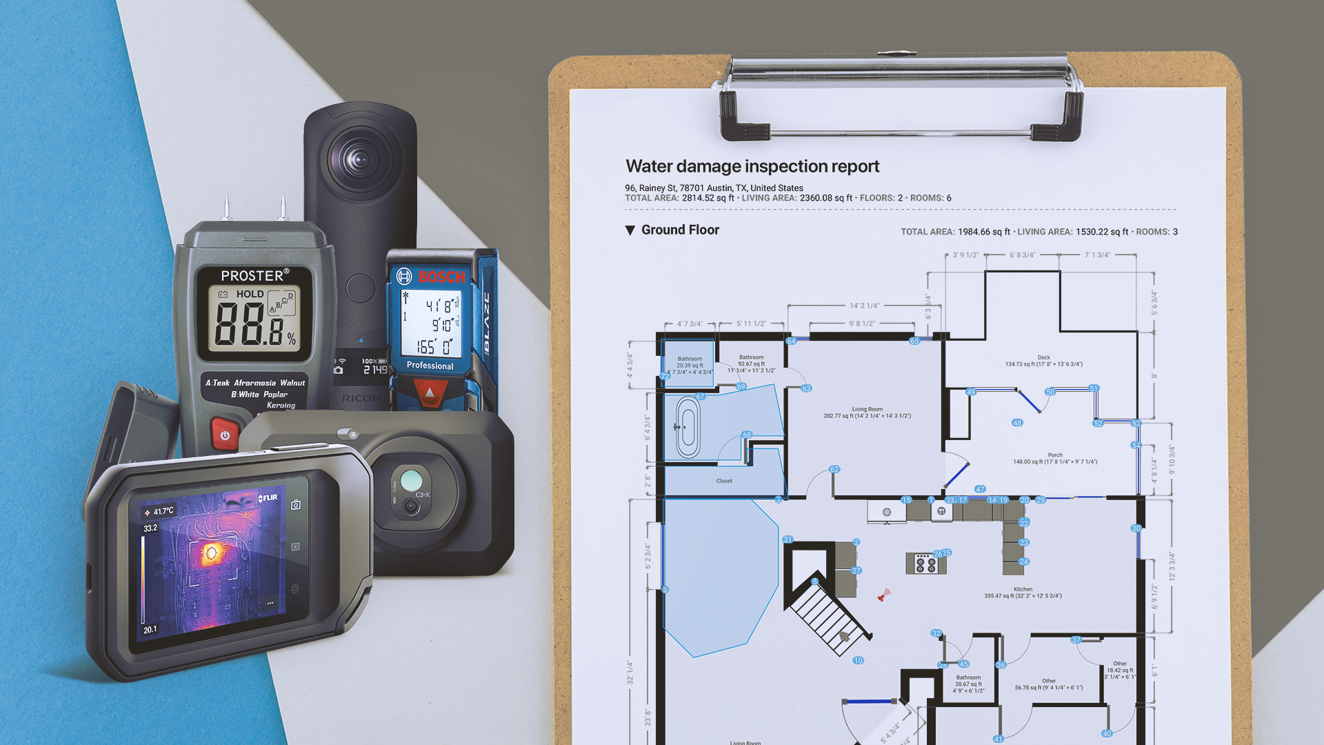 Helpful Tools for Finding and Documenting Water Damage (including a thermal camera, moisture meter, bluetooth laser, 360 camera, floor plan app and more)