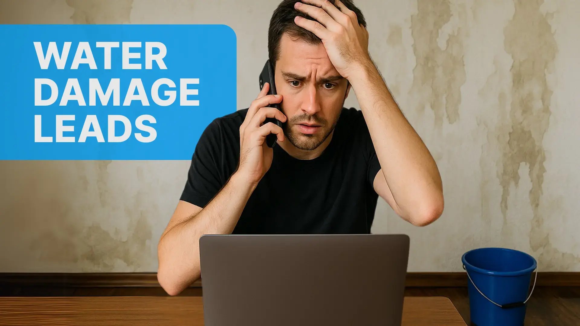 Desperate homeowner lead looking for a water damage restoration company on his laptop making call looking for emergency service after broken pipe